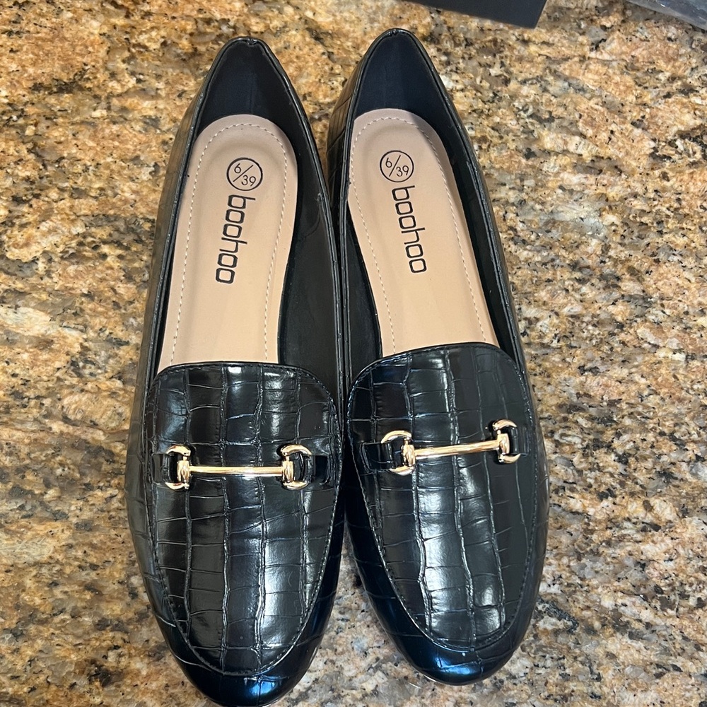 Boohoo Glossy Black Croc Loafers with Gold Accent